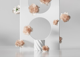 3D display podium pastel pink flower on white background. Orange Rose falling down. Nature minimal beauty pedestal, cosmetic product presentation. Valentine, feminine copy space template 3d render