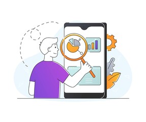 Wall Mural - Concept of mobile SEO. Man with magnifying glass in his hands examines smartphone screen. Keyword analysis. Character evaluates effectiveness of page optimization. Cartoon flat vector illustration