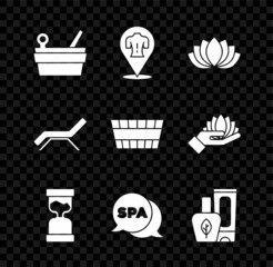 Wall Mural - Set Sauna bucket and ladle, Massage, Lotus flower, Old hourglass, Spa salon, Ointment cream tube, Sunbed umbrella and icon. Vector