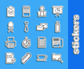 Sticker - Set line Search concept with folder, News, USB flash drive, Binder clip, Tie, Office chair, Completed task and Envelope icon. Vector