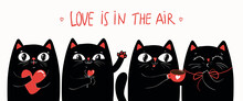 Romantic Greeting Card With Kawaii Black Cats And Red Cup With Heart. Perfect For Web Banner, Site, Valentine Day Banner, Greeting Card, Poster, T Shirt Print And Other