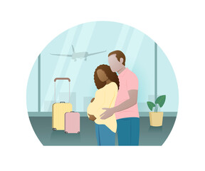 A pregnant African-American woman with her husband at the airport, the concept of flight and rest for expectant mothers. Vector illustration in a flat style