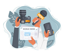 Journalism. Camera And Photos. Mass Media, Television, Interview, Breaking News, Press Conference Concept. Flat Vector	
