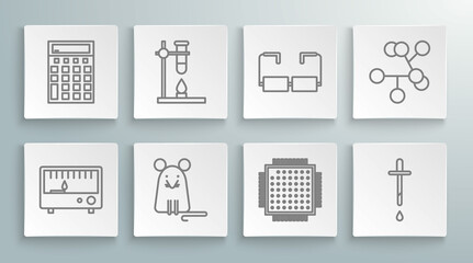 Wall Mural - Set line Electrical measuring instruments, Glass test tube flask on fire heater, Rat, Processor, Pipette, Glasses, Molecule and Calculator icon. Vector