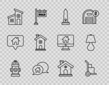 Set Line Fire Hydrant, Hand Truck And Boxes, Washington Monument, House Building Speech Bubble, Home Symbol, And Table Lamp Icon. Vector