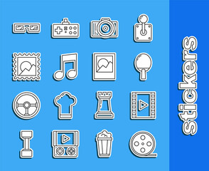 Sticker - Set line Film reel, Play Video, Racket for playing table tennis, Photo camera, Music note, tone, Picture landscape, 3D cinema glasses and frames icon. Vector