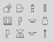 Set Line Meat Chopper, Fork, Pepper, Scales, Knife, Kitchen Colander And Salt Pepper Icon. Vector