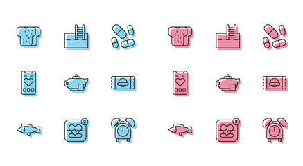 Sticker - Set line Fish, Mobile with heart rate, Bread toast, Alarm clock, Teapot cup, Sports nutrition, and Swimming pool ladder icon. Vector