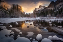 Dramatic Sunrise Over Snow-covered Yosemite Valley, Reflected In The Merced River, California, USA.