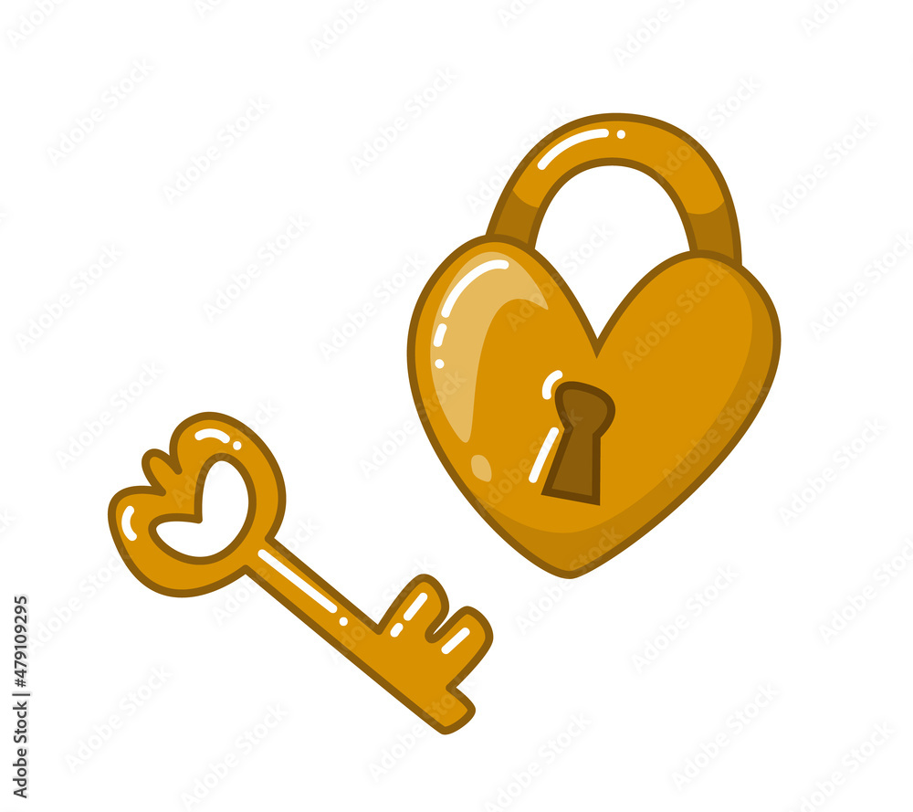 Gold cartoon key and heart shaped lock, art set. Vector illustration on ...