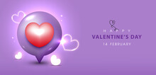 Happy Valentine's Day Banner With A Creative Pin Heart Shape, Love Symbols On Purple Background. Vector Illustration.