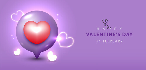 Happy Valentine's day banner with a Creative pin heart shape, love symbols on purple background. Vector illustration.