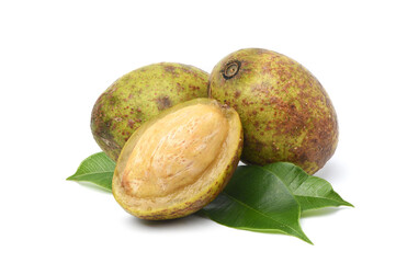 Hog plum fruits with cut in half and leaf isolated on white background. (Wild mango, Spondias pinnata)