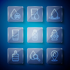 Sticker - Set line Big bottle with clean water, Drop and magnifying glass, Water drop location, Bottle of, Glass, Recycle aqua and Fire hydrant icon. Vector