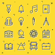 Set Line School Backpack, Calendar, Drawing Compass, Music Note, Tone, Light Bulb With Concept Of Idea, Fountain Pen Nib And Pen Icon. Vector