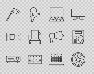 Sticker - Set line Movie, film, media projector, Camera shutter, Cinema auditorium with screen, Stacks paper money cash, Microphone, chair, seats and poster icon. Vector