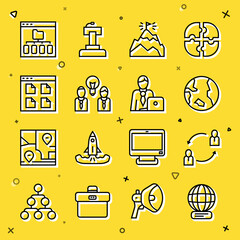 Poster - Set line Worldwide, Human resources, Earth globe, Mountains with flag, People lamp bulb, Browser files, and Businessman icon. Vector