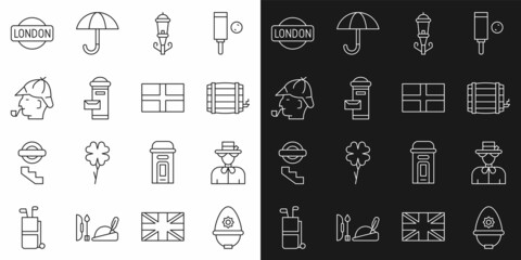 Sticker - Set line British police helmet, Queen Elizabeth, Wooden barrel, Vintage street light, London mail box, Sherlock Holmes, sign and Flag of England icon. Vector