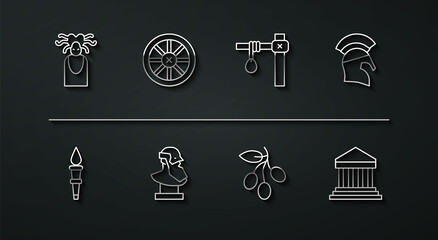 Sticker - Set line Medusa Gorgon, Torch flame, Greek helmet, Olives branch, Ancient bust sculpture, Old wooden wheel, Parthenon and Gallows icon. Vector