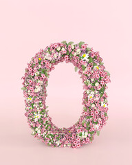 Wall Mural - Creative letter O concept made of fresh Spring wedding flowers. Flower font concept on pastel pink background..