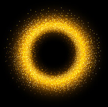 Golden Sparkling Ring With Glitter On Black Background. Vector Luxury And Shiny Golden Frame With Magic Brocade Dust And Copy Space.