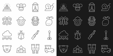 Poster - Set line Safari car, Arrow, Lemon, Camping lantern, Monkey, Butterfly, Chichen Itza Mayan and Mexican mayan or aztec mask icon. Vector