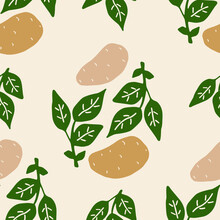 Seamless Pattern With Potatoes And Leaves. Hand-drawn, Vector Illustration.