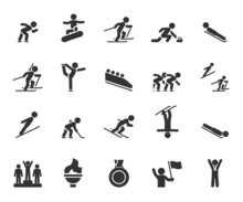 Vector Set Of Winter Sports Flat Icons. Contains Icons Speed Skating, Figure Skating, Snowboarding, Alpine Skiing, Biathlon, Curling, Hockey, Ski Jumping, Medal And More. Pixel Perfect.