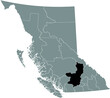 Black flat blank highlighted location map of the THOMPSON–NICOLA regional district inside gray administrative map of the Canadian province of British Columbia, Canada
