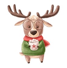 Deer In Green Sweater Wilh Cup Of Cacao And Marshmallows