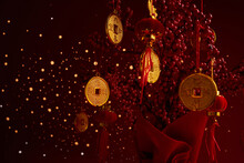 Chinese New Year Background. Lucky Tree And Coins With New Year Wishes Of Joy And Prosperity.