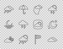 Set Line Windy Weather, Cloud, Man Having Headache, With Rain And Sun, Storm, Cone Windsock Wind Vane And Moon Stars Icon. Vector