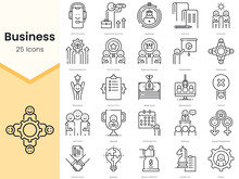Simple Outline Set Of Business Icons. Thin Line Collection Contains Such Icons As Overtime, Paperwork, Partnership, Personal Development And More