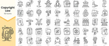 Simple Outline Set Of Copyright Law Icons. Thin Line Collection Contains Such Icons As Judge, Signature, Discovery, Jury, Defense, Arbitration Process And More