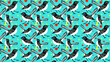 Willy Wagtail bird fun bright background pattern. Repeating pattern on blue green background.
