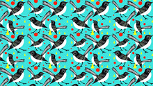 Willy Wagtail Bird Fun Bright Background Pattern. Repeating Pattern On Blue Green Background.