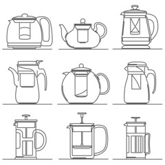 Wall Mural - Set of simple vector images of modern glass teapot with strainer (tea mesh infuser) drawn in art line style.