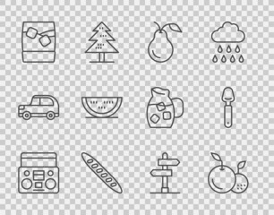 Wall Mural - Set line Home stereo with two speakers, Fruit, Pear, French baguette bread, Glass of whiskey ice, Watermelon, Road traffic sign and Spoon icon. Vector