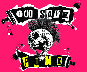 God Save Punk. Screaming skull head with mohawk hair isolated on pink background.