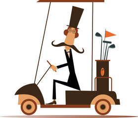 Funny long mustache man rides the golf cart illustration. Cartoon long mustache gentleman in the top hat is going to play golf in the golf cart isolated on white