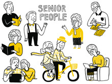Elderly Or Senior People Enjoy Happy Time With Their Recreation, Reading, Writing, Using Tablet, Learn Labtop, Riding Bicycle Together. Cute Doodle Character, Simple Style.