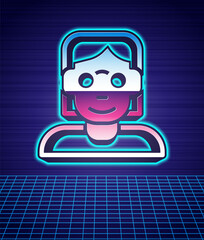 Retro style Hacker or coder icon isolated futuristic landscape background. Programmer developer working on code, coding, testing, debugging, analysing. 80s fashion party. Vector