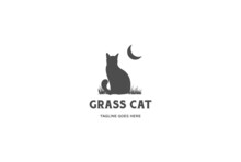 Simple Sitting Cat Silhouette With Grass And Crescent Moon Logo Design Vector