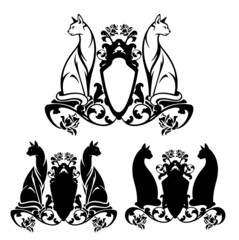 pair of sitting cats with heraldic shield and rose flowers - black and white vector pet care coat of arms silhouette design set