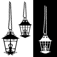 hanging on chains antique street lights - black and white vector urban silhouette design set