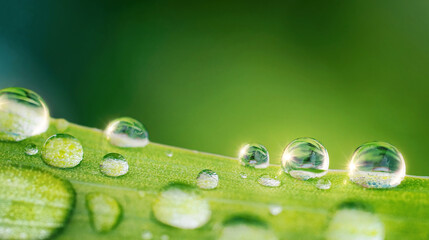 Aufkleber - Water droplets on green leaf in nature, macro. Many drops of morning dew sparkle in sunlight.