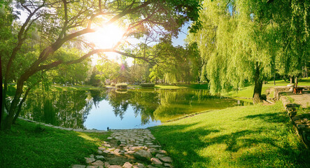 Poster - Beautiful colorful summer spring natural landscape with a lake in Park surrounded by green foliage of trees in sunlight and stone path in foreground.