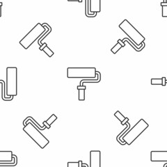 Sticker - Grey line Paint roller brush icon isolated seamless pattern on white background. Vector