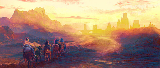 A caravan of wanderers goes to an ancient city in the middle of the desert