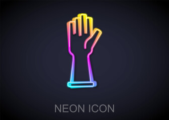 Sticker - Glowing neon line Rubber gloves icon isolated on black background. Latex hand protection sign. Housework cleaning equipment symbol. Vector